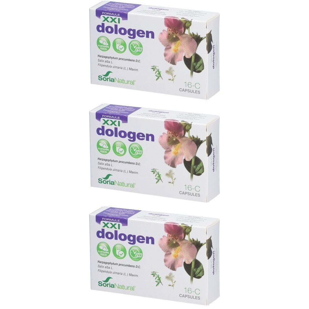 Trois boîtes de gélules "dologen". Chaque boîte affiche le nom du produit, le logo, un motif floral et l'indication "16-C capsules".