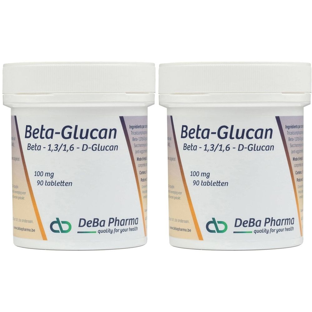 Deux boîtes blanches avec l'inscription Beta-Glucan. Inscription : 100 mg, 90 comprimés. Logo DeBa Pharma.