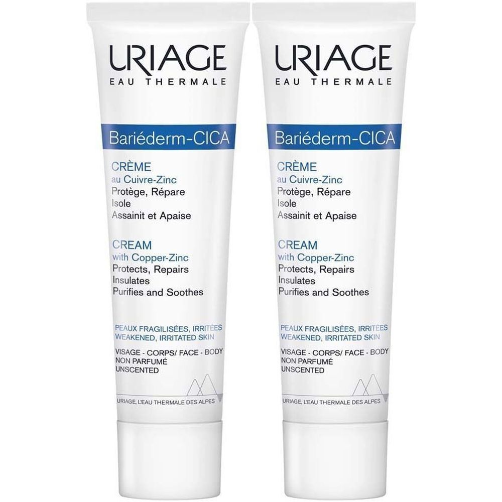Deux tubes de crème Uriage Bariéderm-CICA. Tubes blancs avec texte bleu et noir. Nom du produit et caractéristiques imprimés.