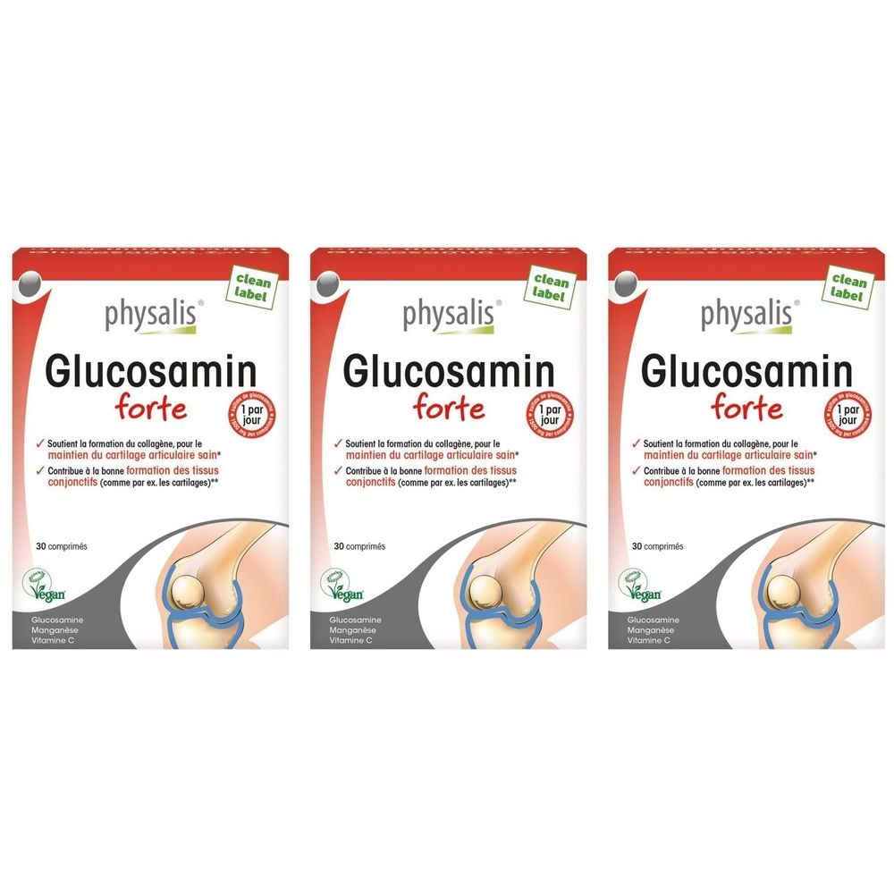 Trois boîtes de Physalis Glucosamin Forte. Emballage rouge et blanc avec nom du produit et illustration du genou.