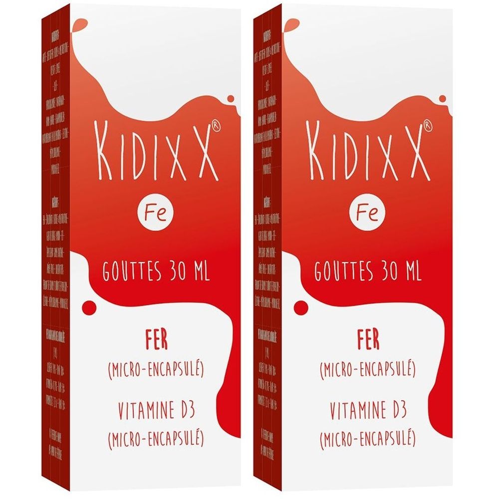 Boîte de gouttes. Inscription : KidixX Fe, 30 ml, Fer, Vitamine D3.