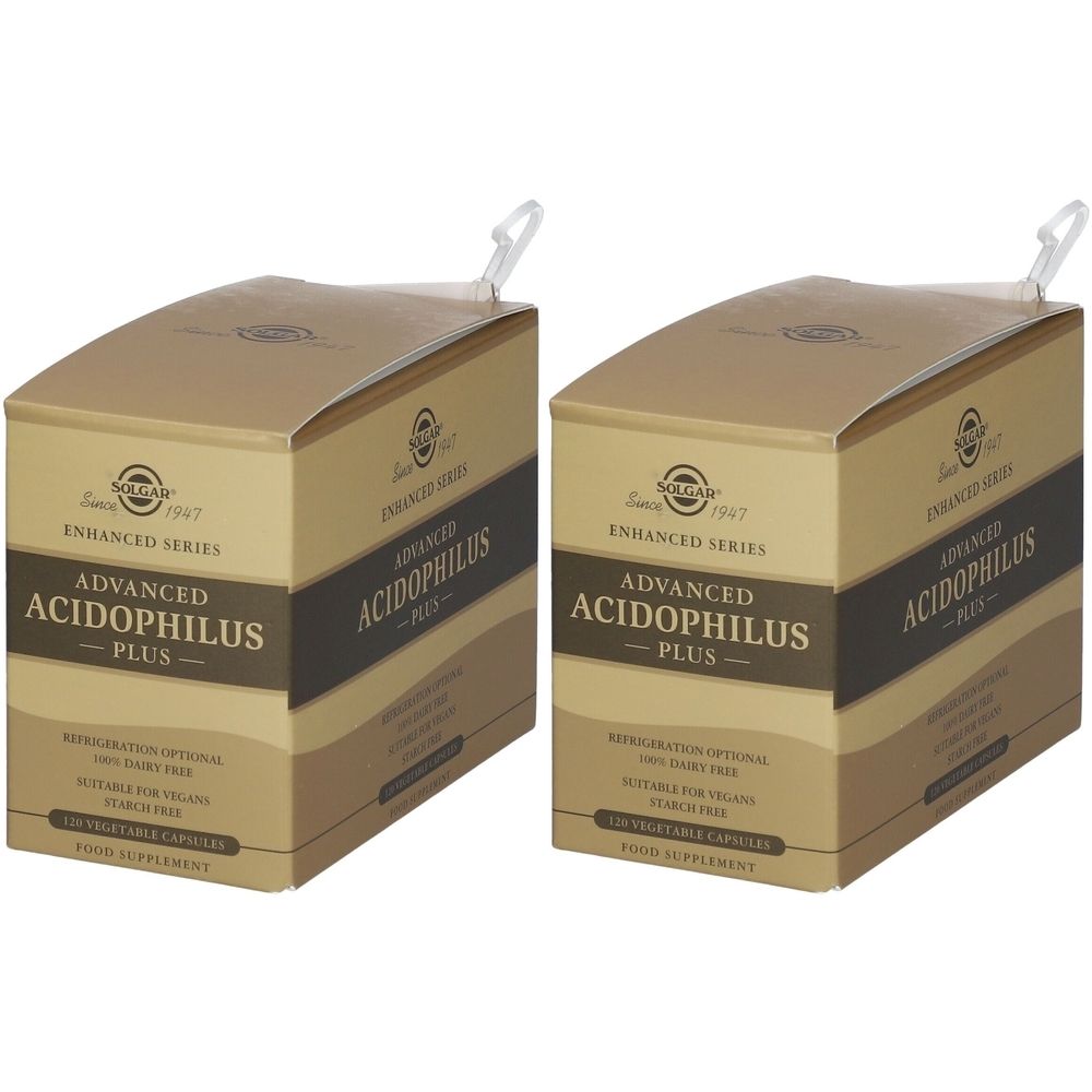 Deux boîtes de Solgar Advanced Acidophilus Plus. Emballage marron avec nom et logo du produit. Languette transparente.