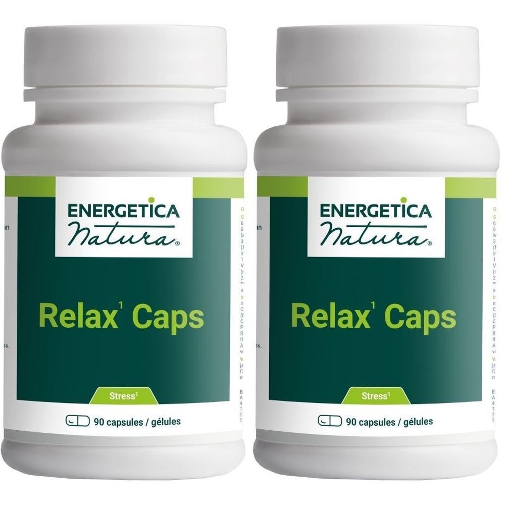 Deux flacons blancs avec des étiquettes vertes. On peut lire "ENERGETICA Natura" et "Relax' Caps" sur les étiquettes.