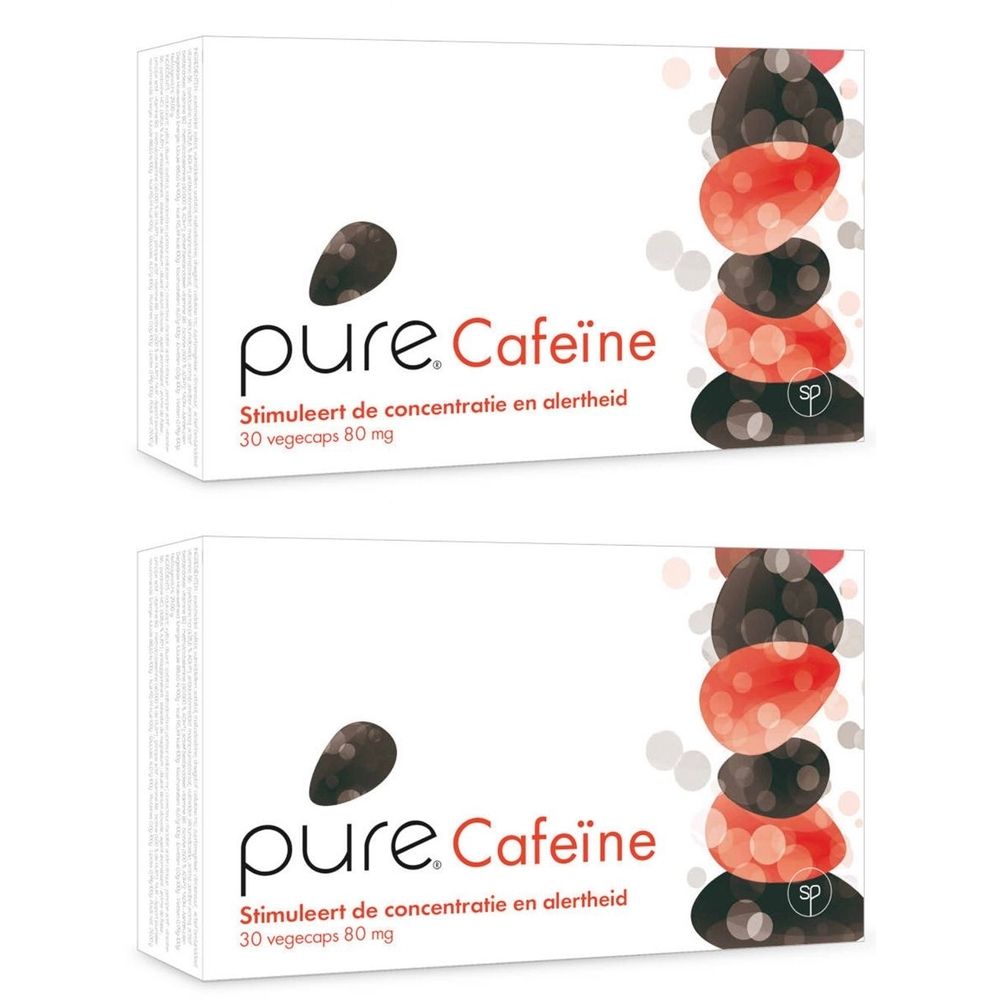 Deux boîtes blanches avec "pure. Cafeïne". Inscription: 30 vegicaps 80 mg. Illustration grain de café et design grains de café.