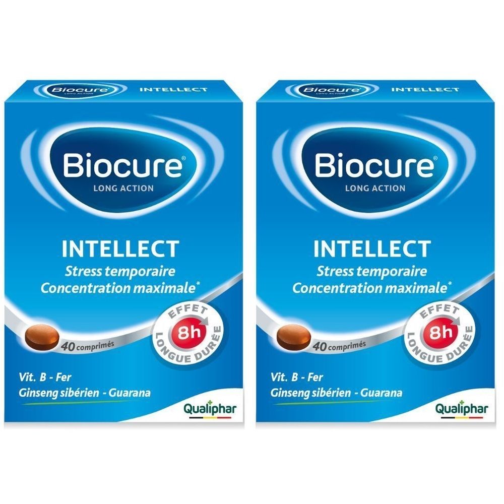Deux boîtes bleues 'Biocure Intellect'. Contient 40 comprimés. Ingrédients: Ginseng sibérien et Guarana.