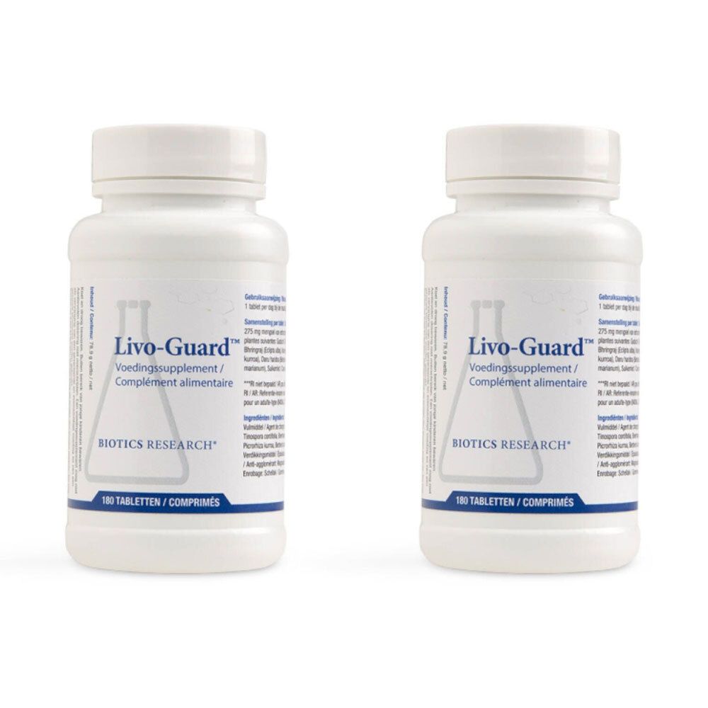 Deux flacons blancs avec étiquette "Livo-Guard". Inscription "BIOTICS RESEARCH". 180 comprimés.