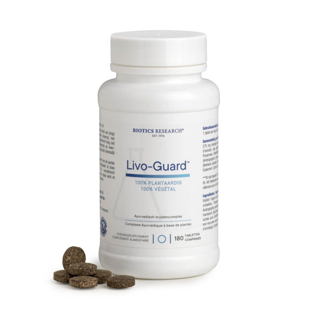Un contenant blanc de suppléments Livo-Guard™. Contient 180 comprimés végétaux.