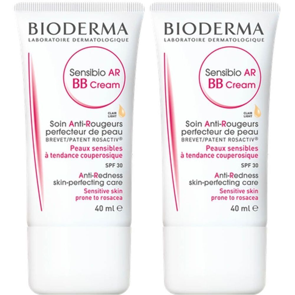Deux tubes de Bioderma Sensibio AR BB Crème. Blanc, avec lettrage rouge et rose. Texte: Sensibio AR BB Cream, SPF 30, 40 ml.