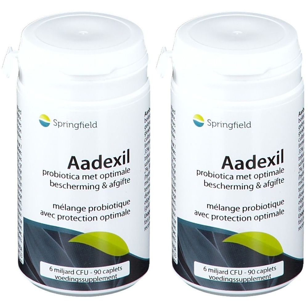 Deux flacons blancs Aadexil. Inscription : mélange probiotique avec protection optimale. 90 caplets.