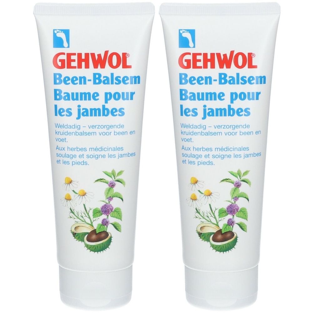 Deux tubes de Gehwol Been-Balsem. Tubes blancs avec texte bleu et rouge. Illustrations d'herbes.