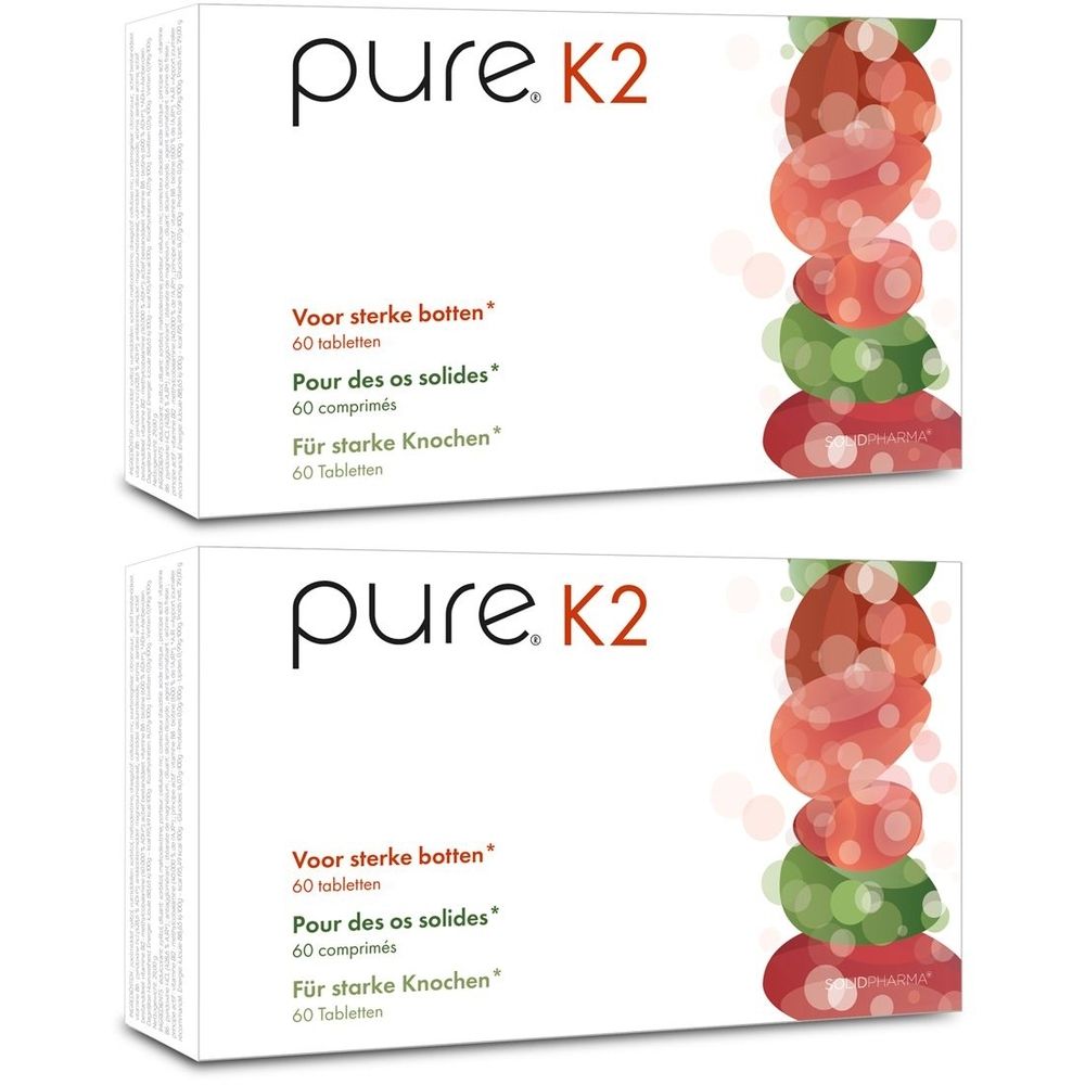 Deux boîtes blanches avec "pure. K2". Texte en néerlandais, français et allemand. Illustration de formes rouges et vertes.