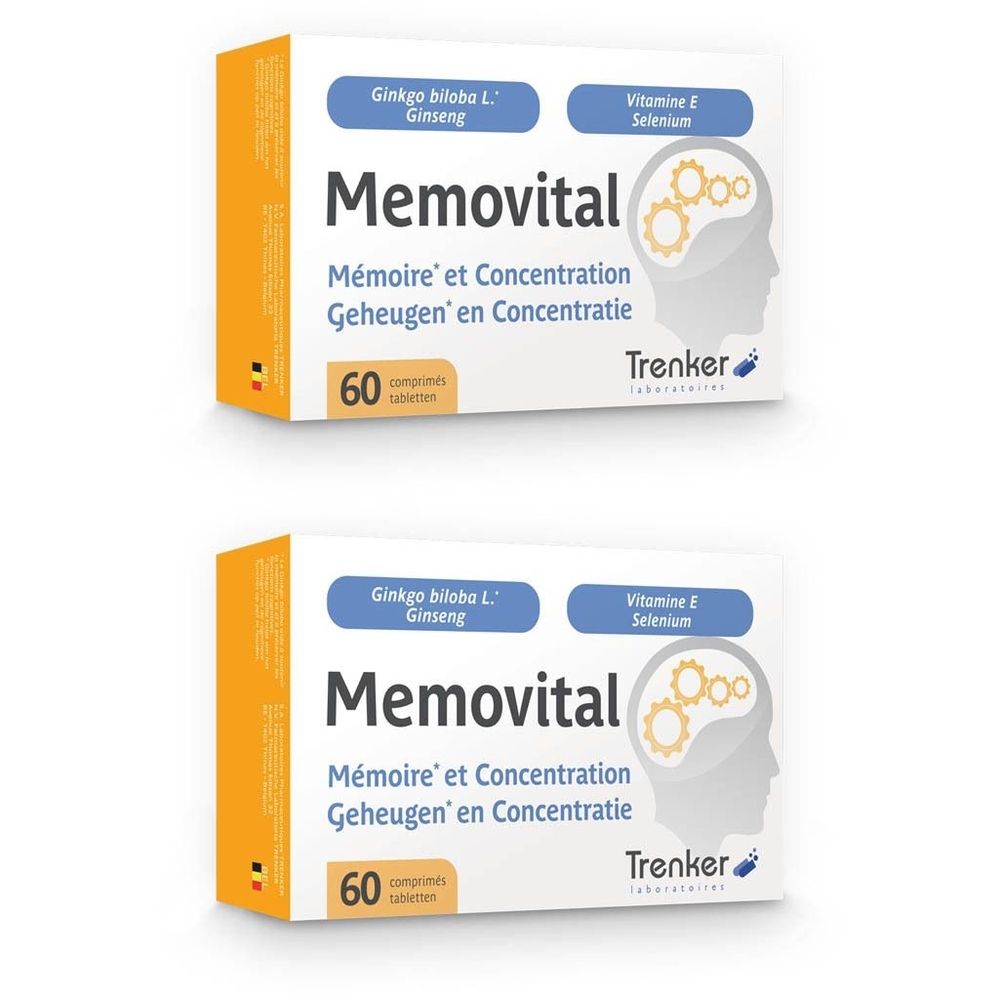 Deux boîtes de Memovital. Inscription : Mémoire et Concentration, Geheugen en Concentratie. Contient 60 comprimés. Marque : Trenker.