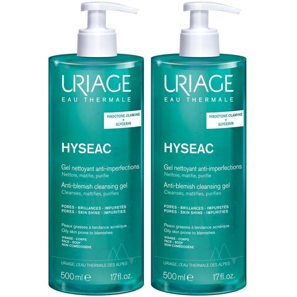 Deux flacons verts avec pompe blanche. Inscription : Uriage Hyséac Gel nettoyant anti-imperfections. 500 ml.