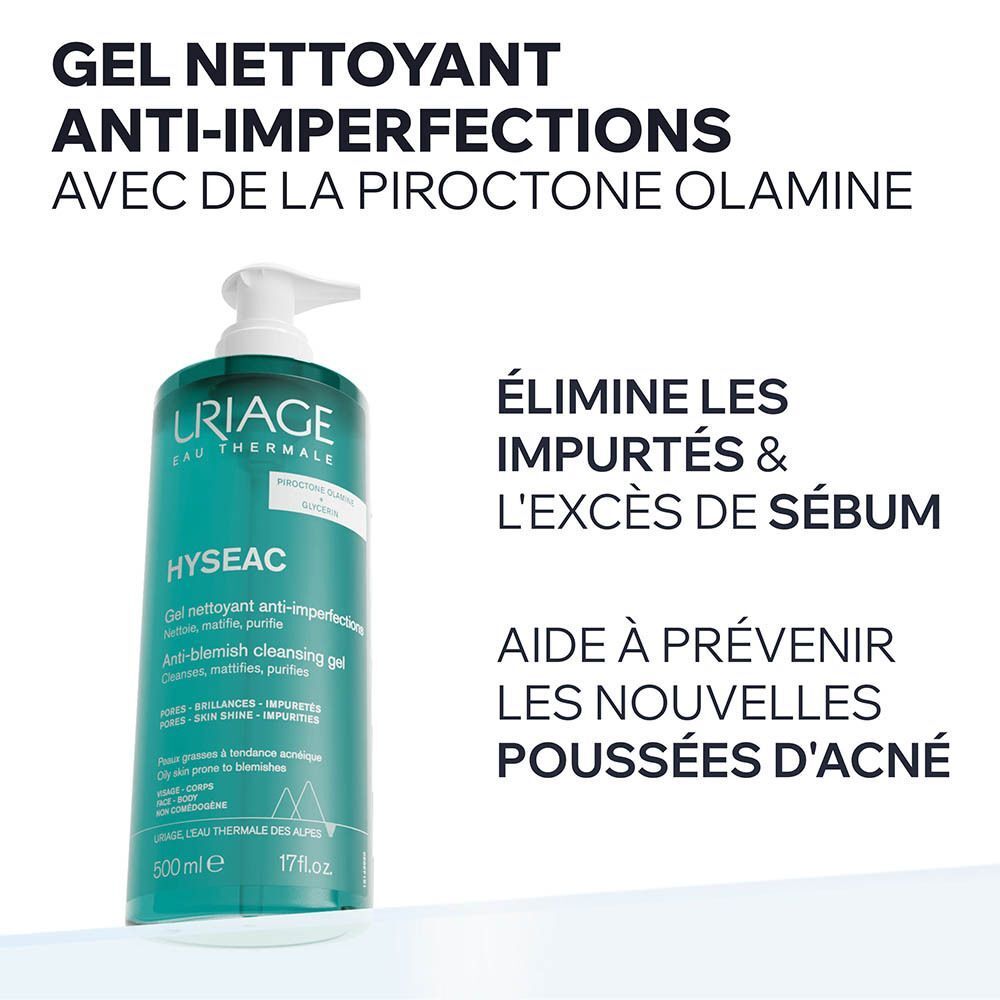 Gel nettoyant Uriage Hyséac : élimine impuretés et excès de sébum, prévient l'acné.