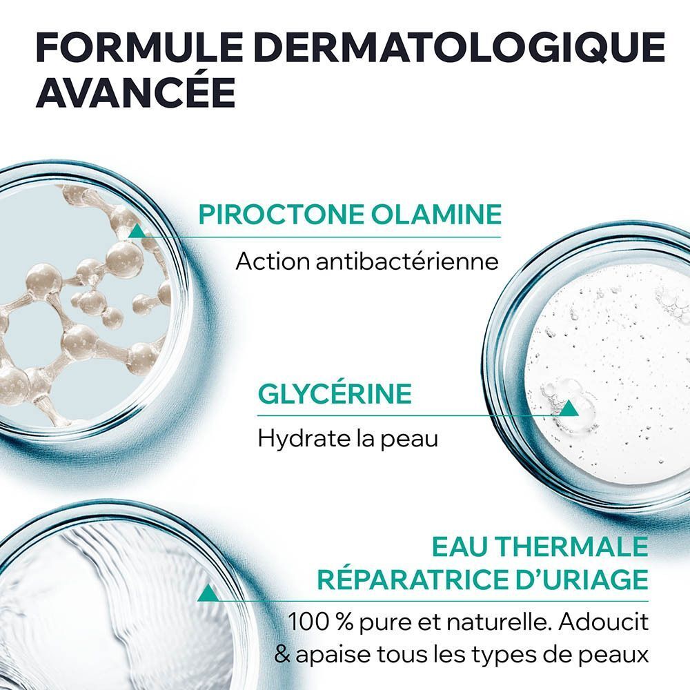 Graphique avec structures moléculaires et textes sur la Piroctone Olamine, la Glycérine et l'Eau Thermale.