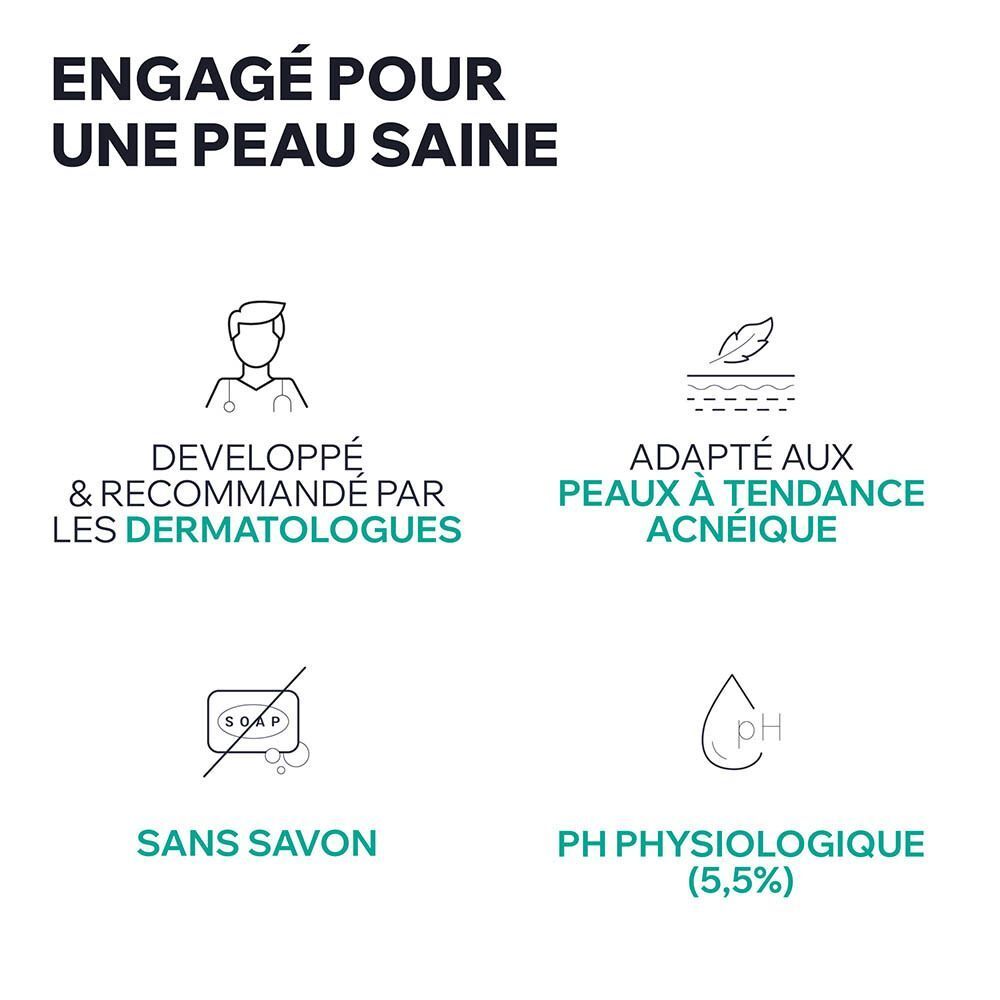 Quatre icônes : Développé par des dermatologues, adapté aux peaux à tendance acnéique, sans savon, pH physiologique.