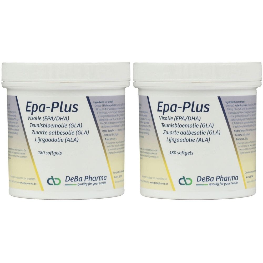 Deux pots blancs avec couvercles. Inscription : "Epa-Plus", ingrédients, "180 softgels" et logo "DeBa Pharma".