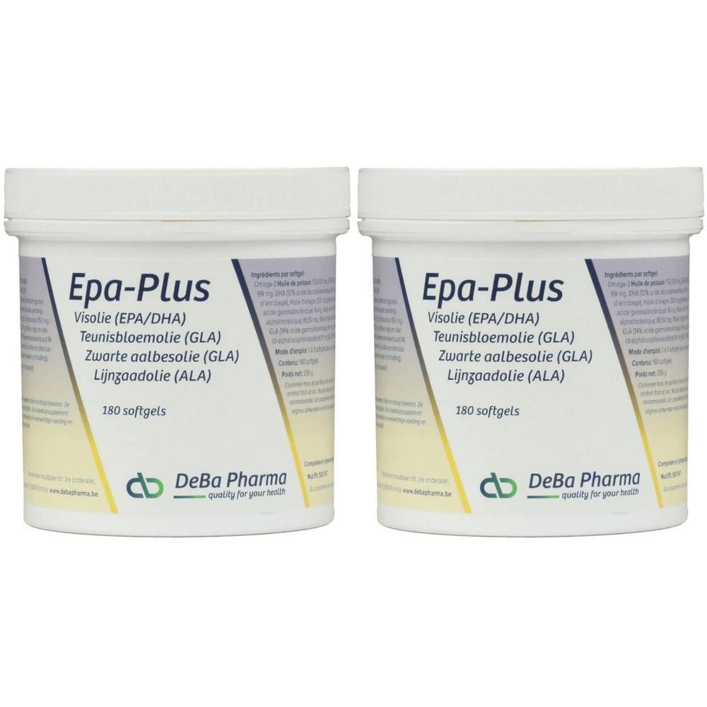 Deux pots blancs avec couvercles. Inscription : "Epa-Plus", ingrédients, "180 softgels" et logo "DeBa Pharma".