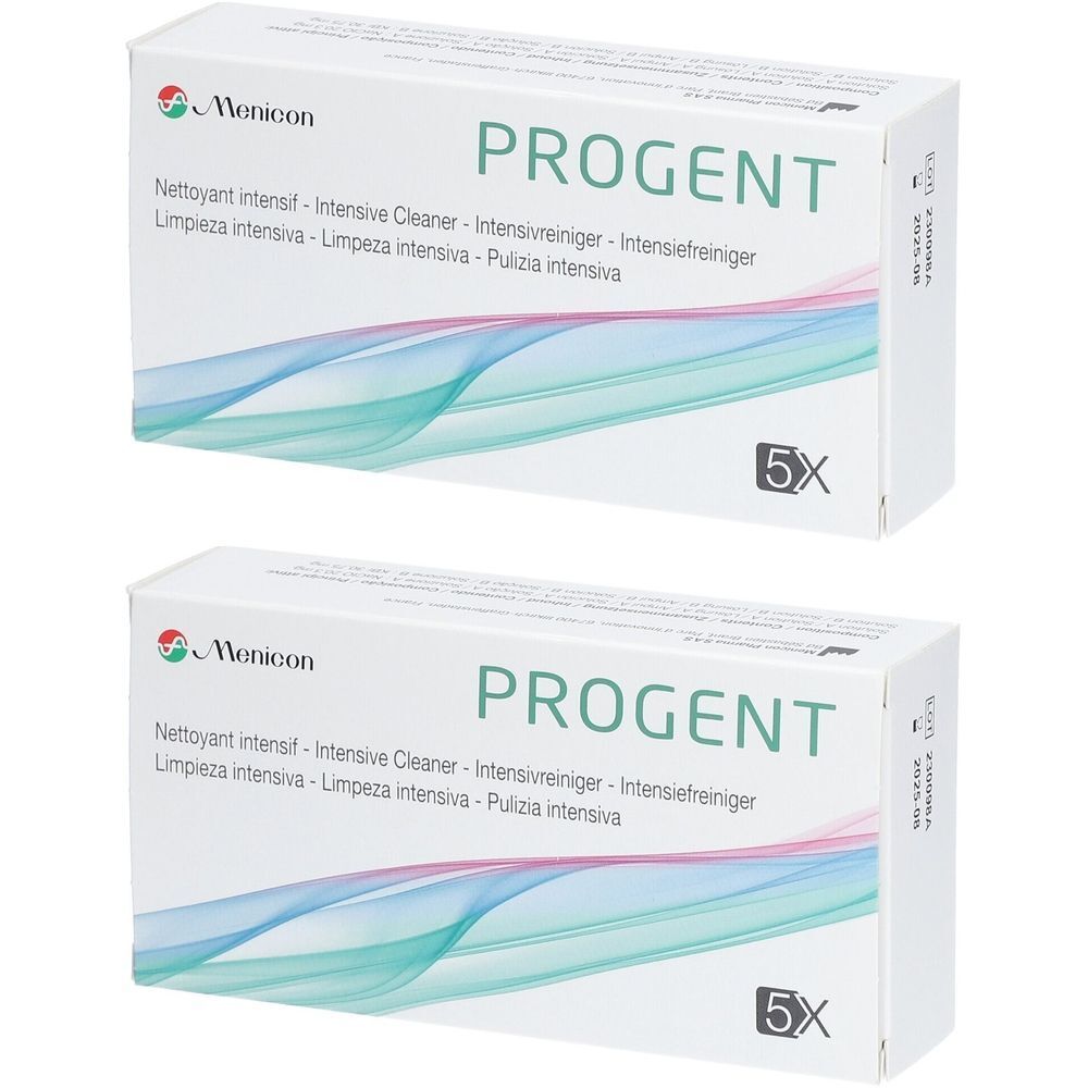 Deux boîtes blanches avec PROGENT. Inscriptions multilingues. Logo Menicon. Impression 5X.
