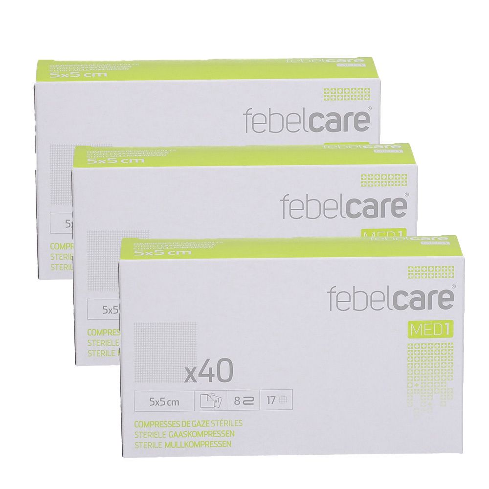 Trois boîtes de compresses stériles Febelcare MED1 5x5cm. Emballage blanc avec accent vert et indication du produit.