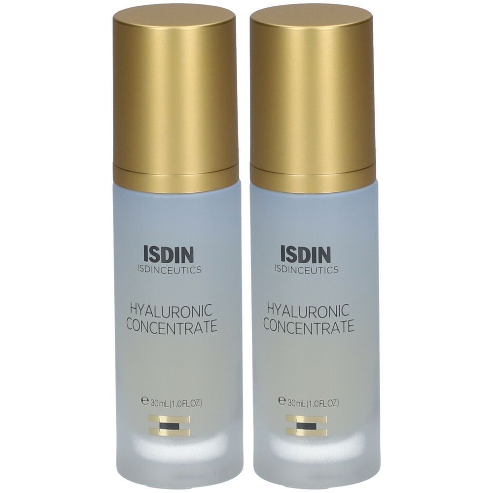 Deux flacons de ISDIN Isdinceutics Hyaluronic Concentrate. Flacons en verre bleu avec bouchons dorés. Texte visible.
