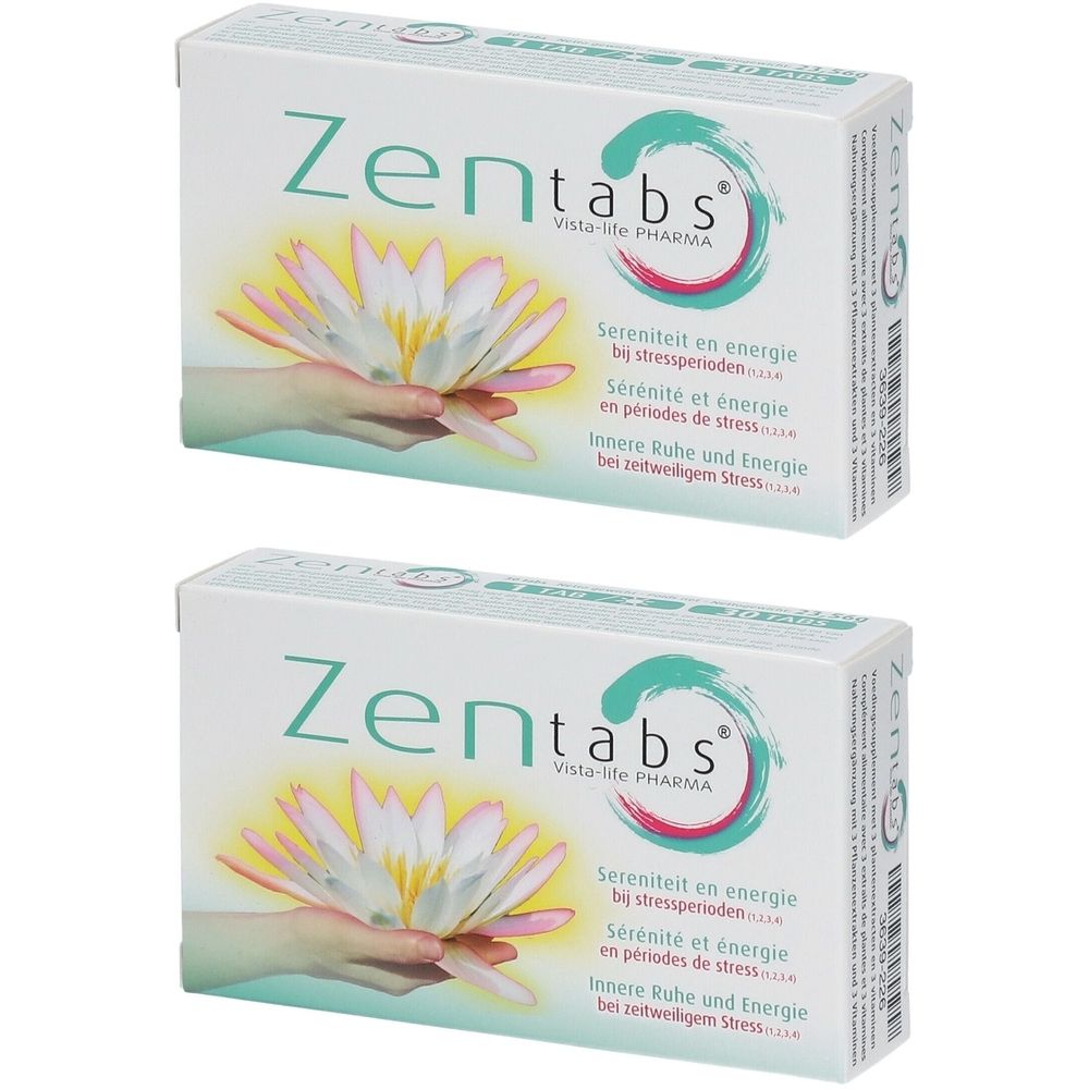 Deux boîtes de "Zentabs". Inscriptions en néerlandais, français et allemand. Illustration d'une fleur de lotus.