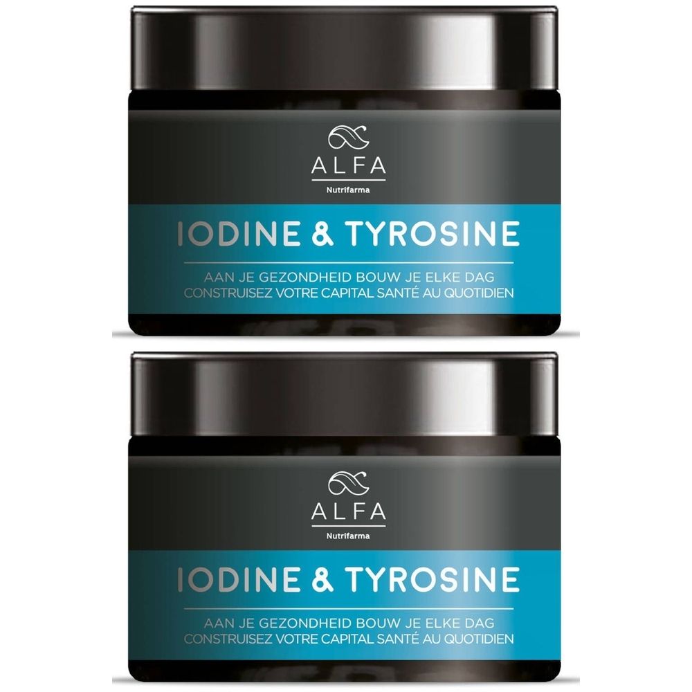 Deux pots avec couvercles noirs et étiquettes bleues. Inscription : Alfa, IODINE & TYROSINE. Texte en néerlandais et français.
