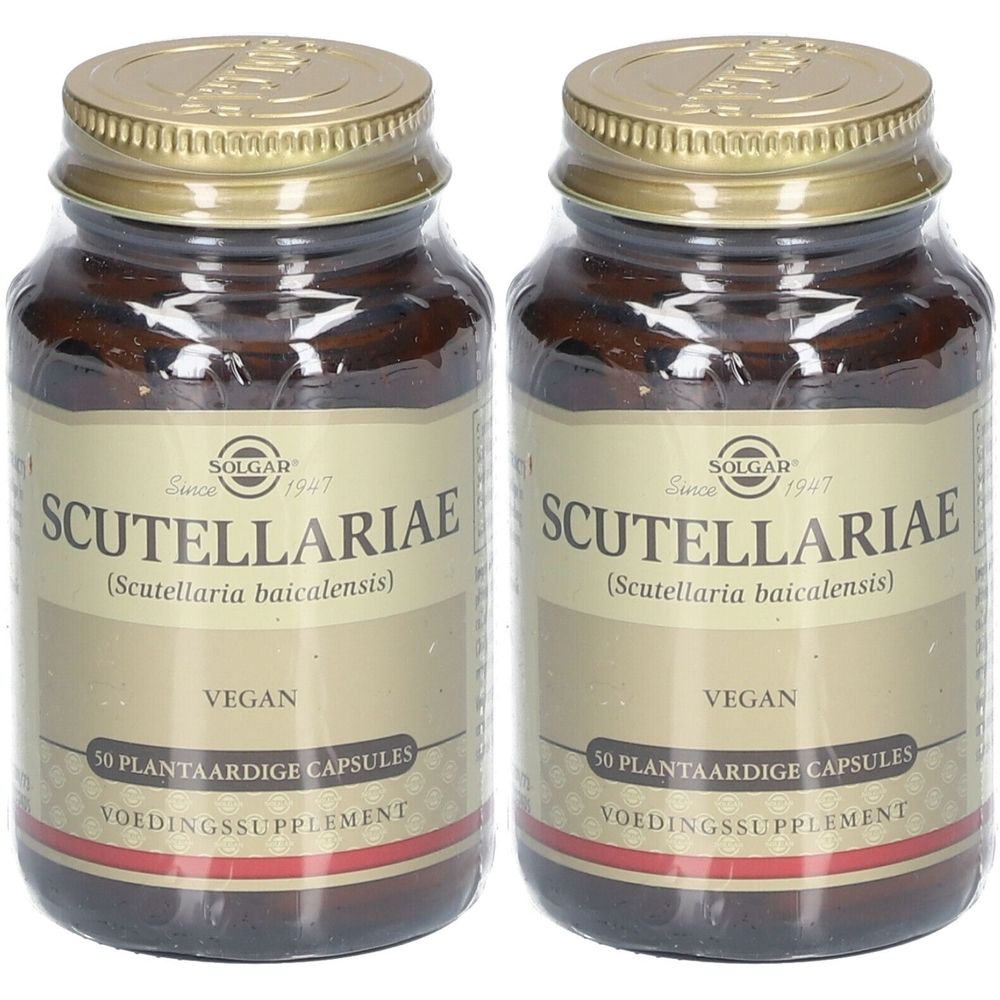 Deux flacons en verre brun avec des couvercles dorés. Les étiquettes indiquent "SOLGAR" et "SCUTELLARIAE". Vegan, 50 gélules végétales.