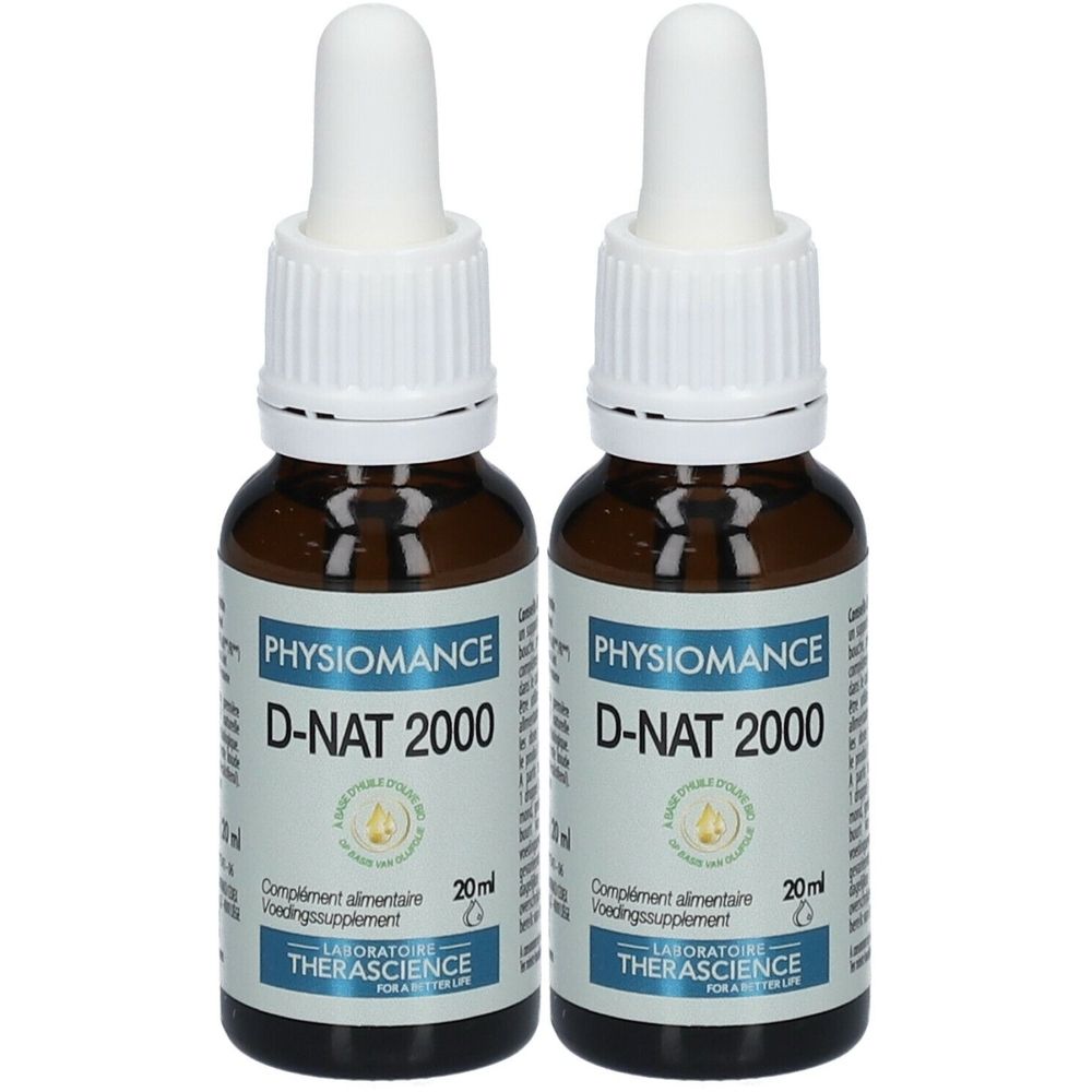 Deux flacons de Physiomance D-NAT 2000. Flacons en verre brun avec pipettes blanches. Étiquettes avec informations.