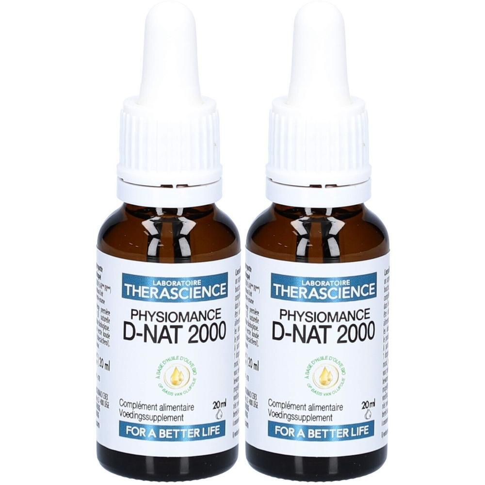Deux flacons de Physiomance D-NAT 2000. Flacons en verre brun avec pipettes blanches. Étiquettes avec informations.