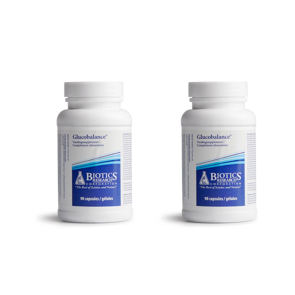 Deux flacons blancs "Glucobalance" avec le logo Biotics Research. Chaque flacon porte l'inscription "90 capsules / gélules".