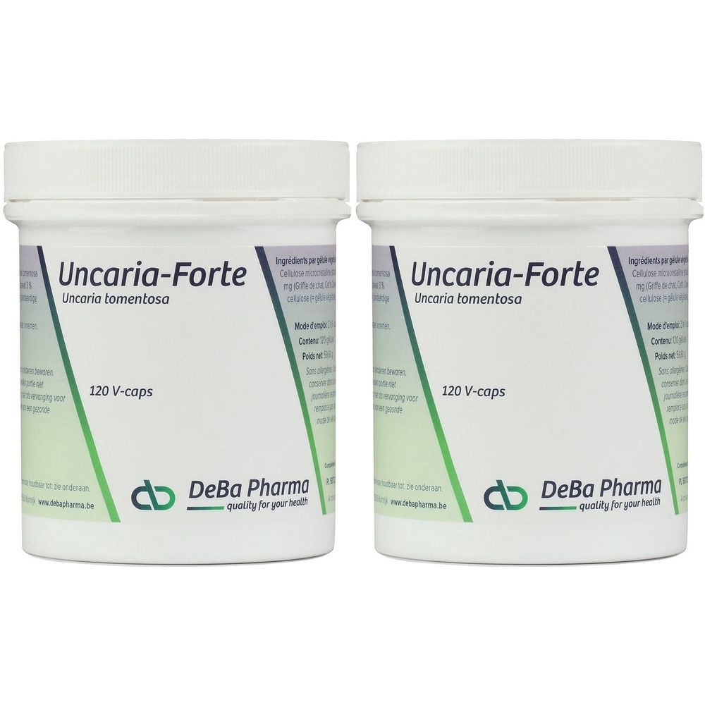 Deux pots blancs avec couvercles. Inscription: Uncaria-Forte, 120 V-caps, DeBa Pharma. Étiquettes vertes et blanches.