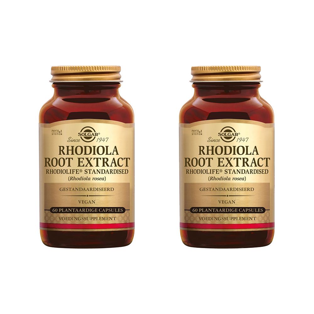 Deux flacons de Solgar Rhodiola. Flacons en verre brun avec couvercle doré et étiquette. Inscription : Rhodiola, 60 gélules.