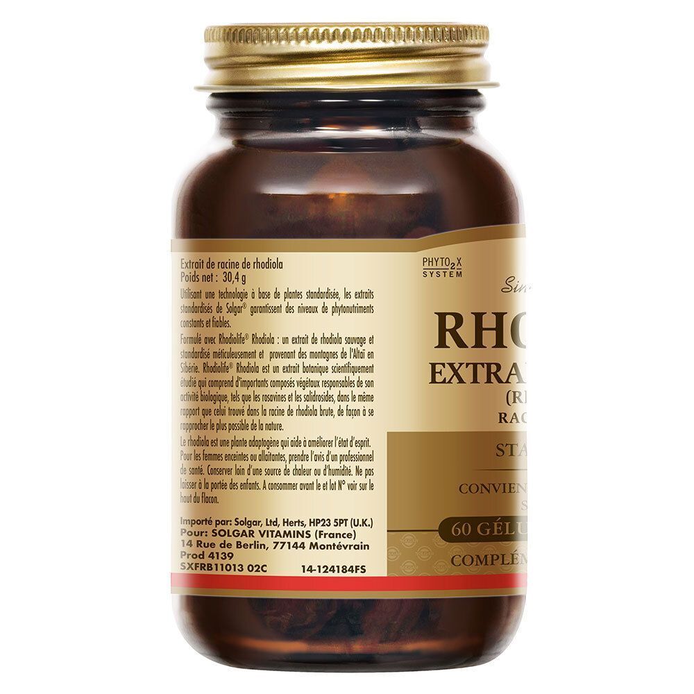 Dos d'un flacon Solgar Rhodiola. Flacon en verre brun avec couvercle doré. Étiquette avec texte. 60 gélules.