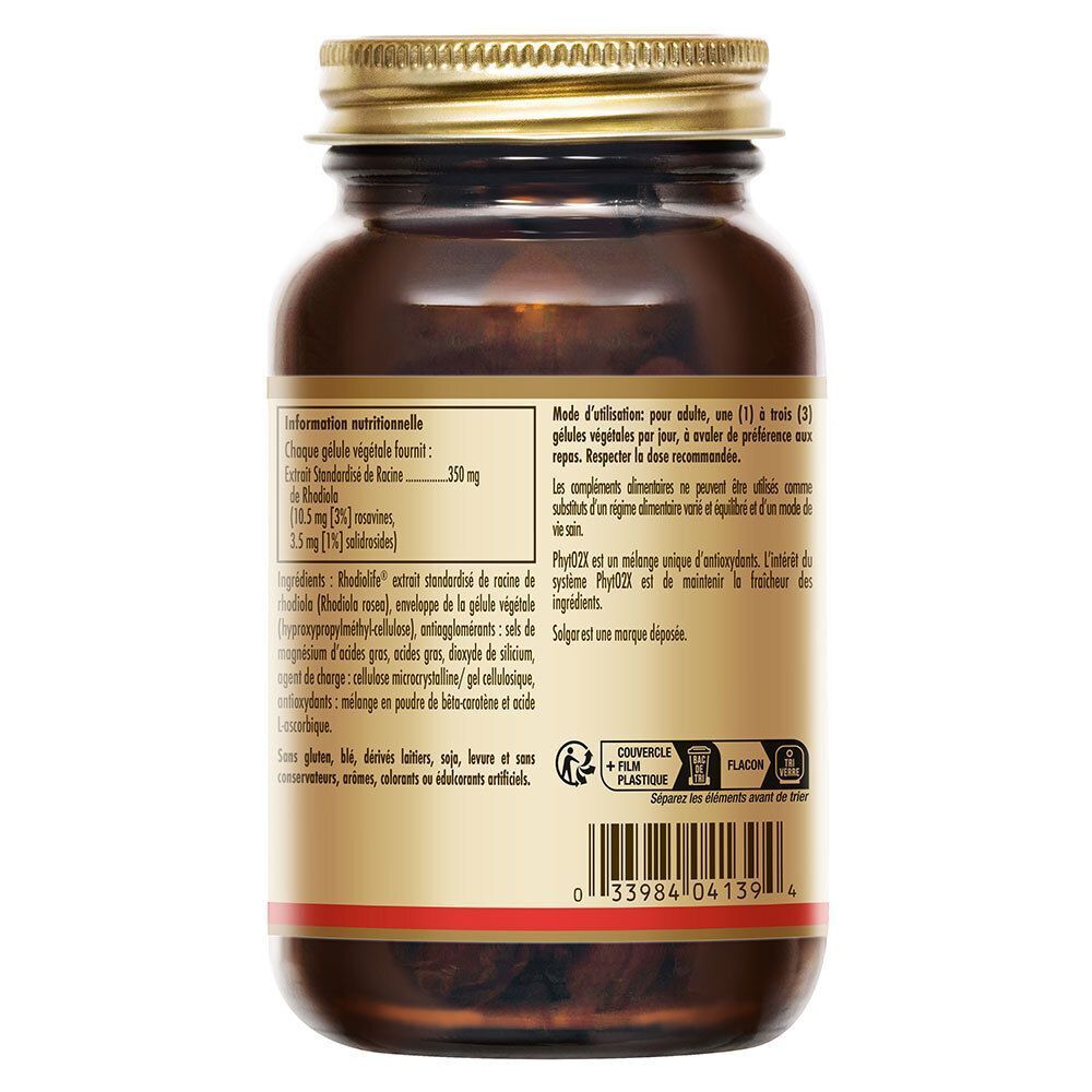 Dos d'un flacon Solgar Rhodiola. Étiquette avec informations nutritionnelles et ingrédients. 60 gélules.