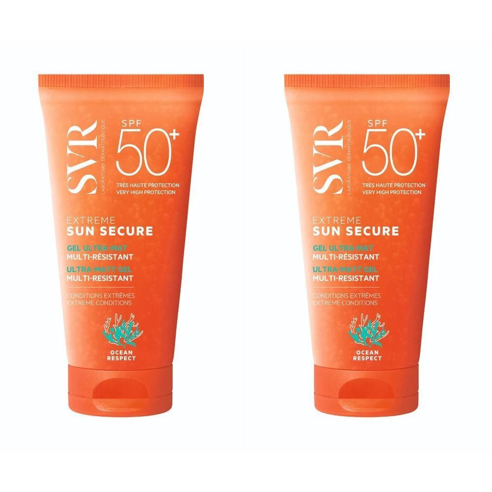 Deux tubes de SVR Sun Secure Extreme SPF50+. Tubes orange avec texte blanc. SPF 50+ et nom du produit clairement visibles.