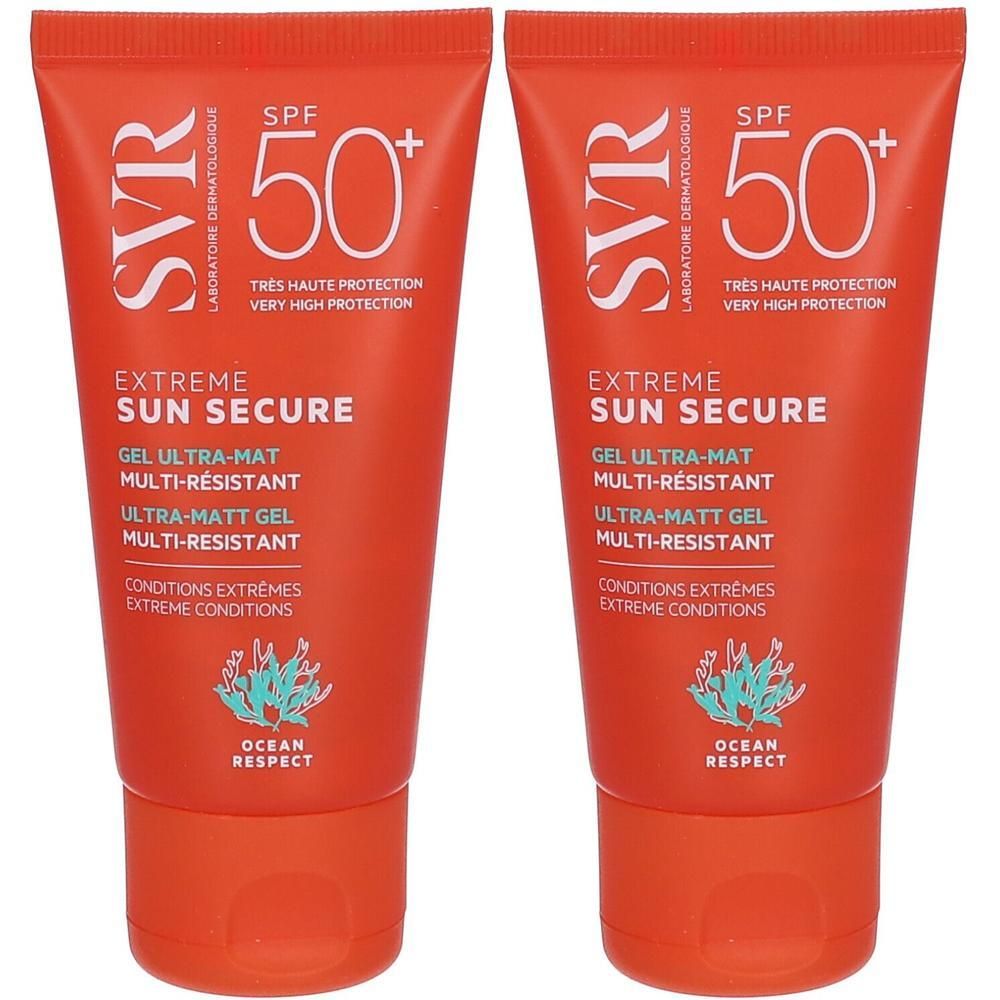 Deux tubes de SVR Sun Secure Extreme SPF50+. Tubes orange avec texte blanc. SPF 50+ et nom du produit clairement visibles.