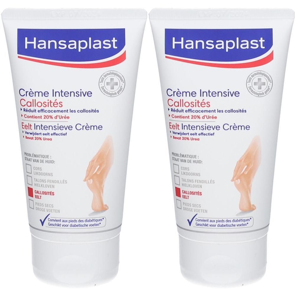 Deux tubes de crème Hansaplast. Tubes blancs avec texte bleu et rouge. Inscription : Crème Intensive Callosités, 20% Urée.
