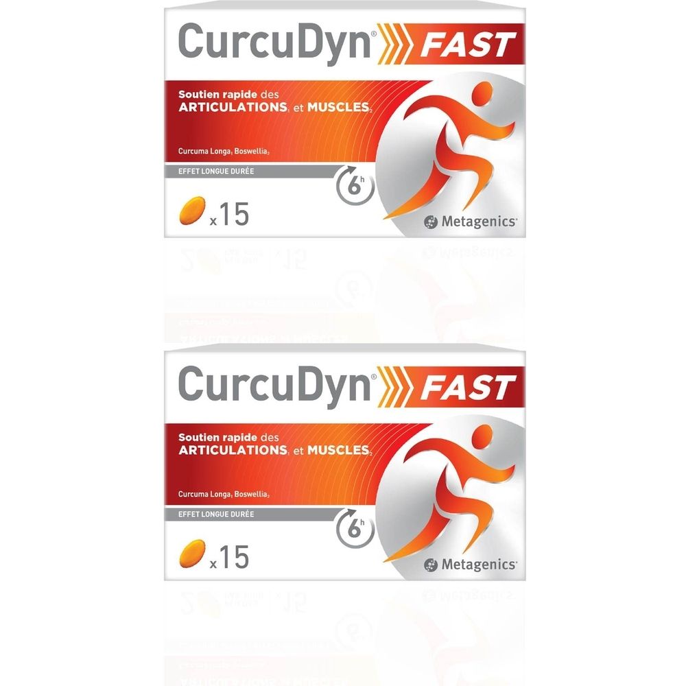 Deux boîtes de Curcudyn Fast. Emballage blanc avec des accents orange. Texte : "Curcudyn Fast", "Metagenics". Illustration d'une personne.