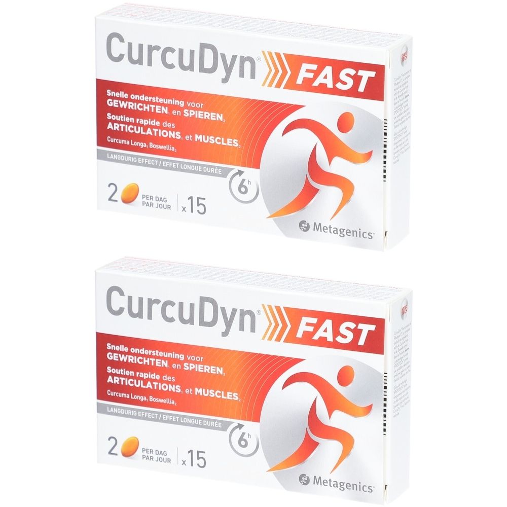 Deux boîtes de Curcudyn Fast. Emballage blanc avec des accents orange. Texte : "Curcudyn Fast", "Metagenics". Illustration d'une personne.