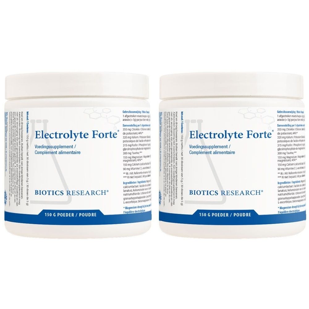 Deux pots blancs "Electrolyte Forte" et "BIOTICS RESEARCH". Ingrédients et informations nutritionnelles.
