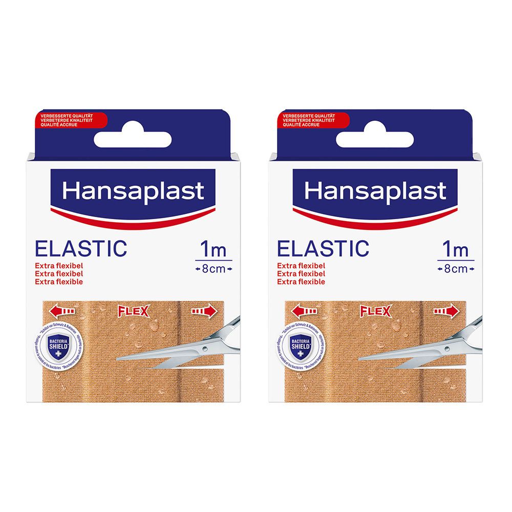 Deux boîtes de pansements Hansaplast Elastic. Boîtes blanches avec couvercle bleu. Inscription : Elastic, 1 m - 8 cm.