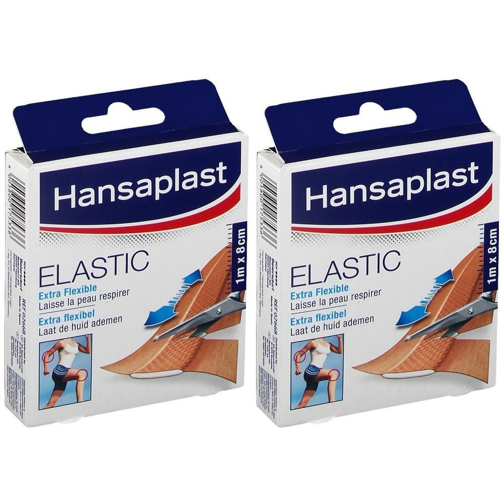 Deux boîtes de pansements Hansaplast Elastic. Boîtes blanches avec couvercle bleu. Inscription : Elastic, 1 m x 8 cm.
