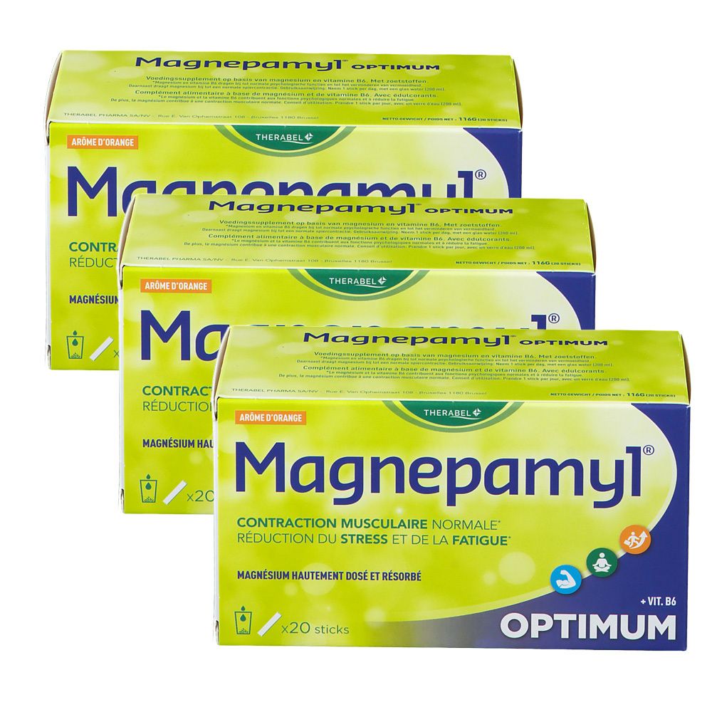 Trois boîtes de Magnepamyl Optimum. Inscription : Contraction musculaire normale, réduction du stress et de la fatigue. Contient de la vitamine B6. 20 sticks.
