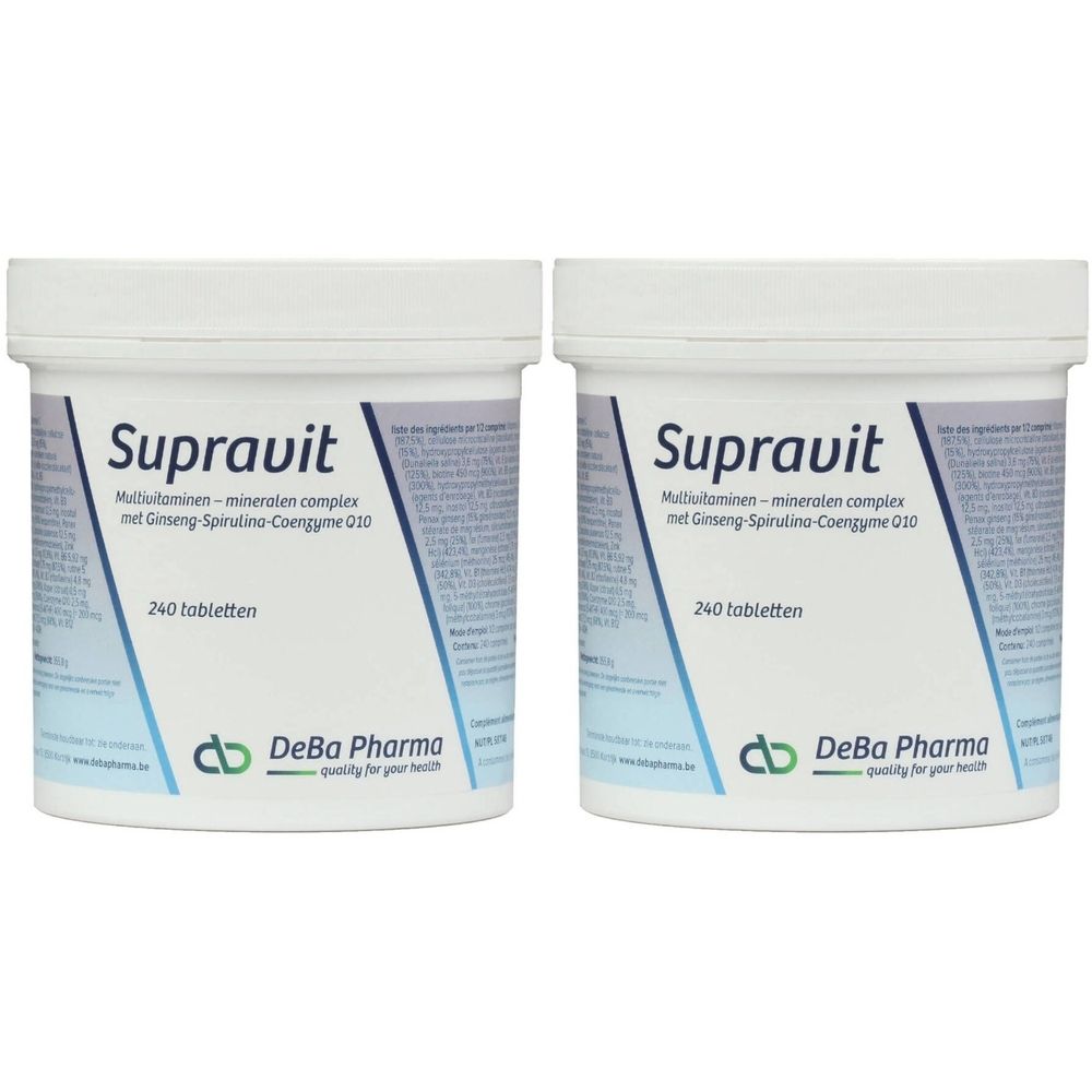 Deux pots blancs avec l'inscription "Supravit". En dessous "DeBa Pharma". Inscription: 240 comprimés.