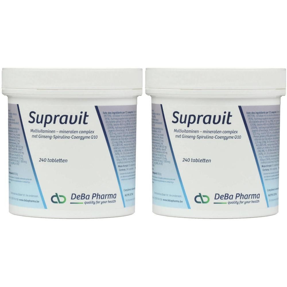 Deux pots blancs avec l'inscription "Supravit". En dessous "DeBa Pharma". Inscription: 240 comprimés.