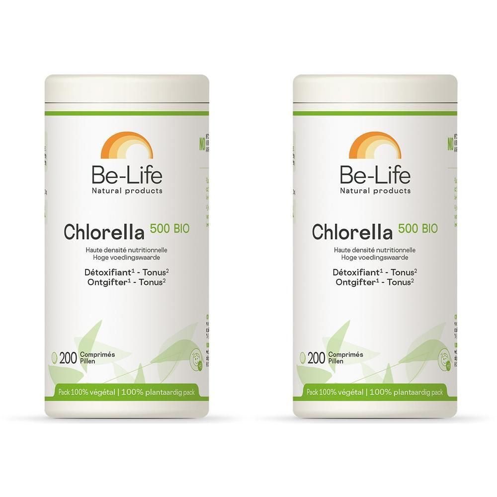 Deux boîtes blanches avec texte vert. Inscription: Be-Life Chlorella 500 BIO. 200 comprimés. Logos.