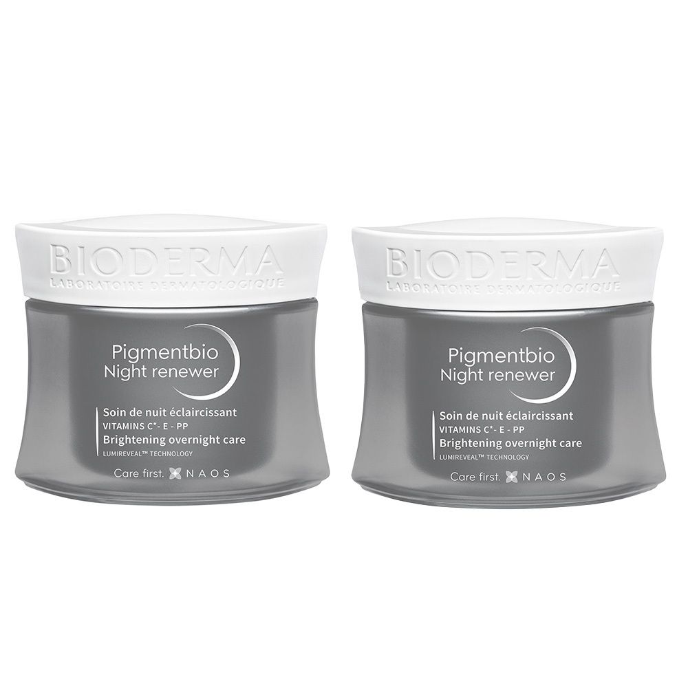 Deux pots gris et blancs. Inscription: Pigmentbio Night renewer. Texte: Soin de nuit éclaircissant, Brightening overnight care.