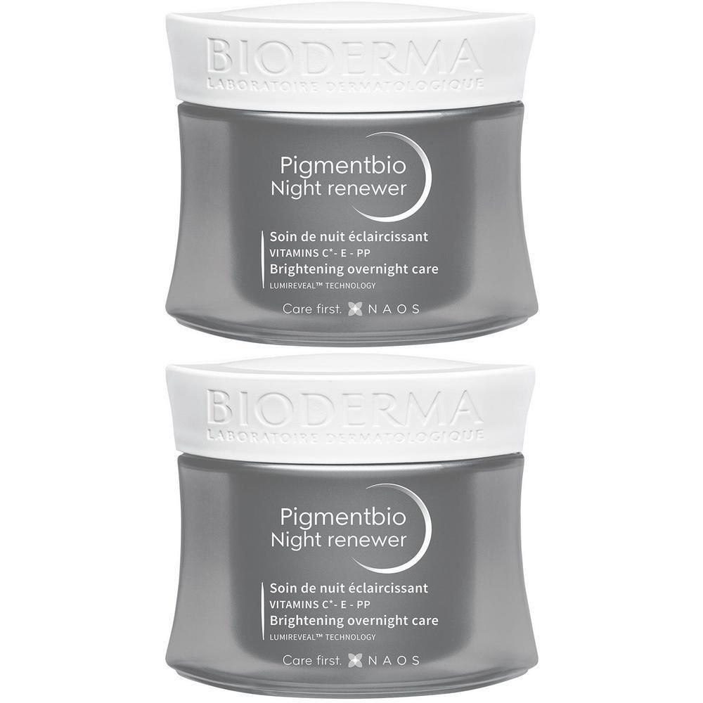 Deux pots gris et blancs. Inscription: Pigmentbio Night renewer. Texte: Soin de nuit éclaircissant, Brightening overnight care.