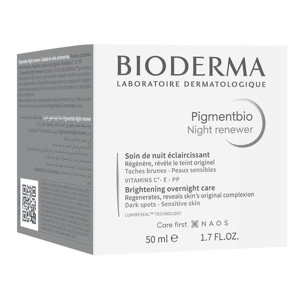 Emballage blanc avec informations produit. Inscription: BIODERMA, Pigmentbio Night renewer. Texte: 50 ml e 1.7 FL.OZ.